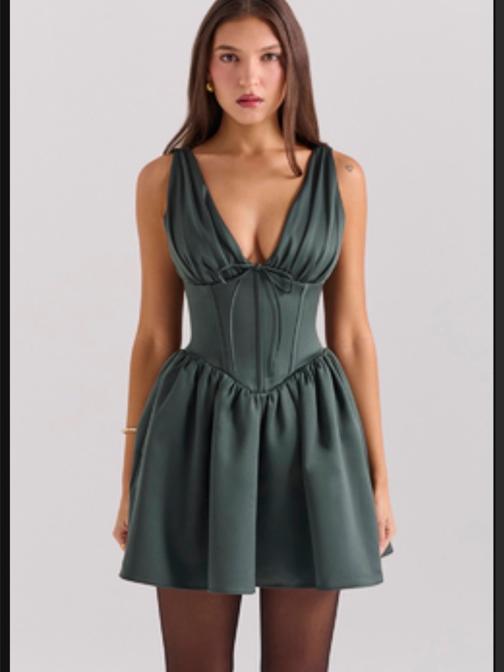 House of CB Deep V Corset Mini Dress in Dark Green